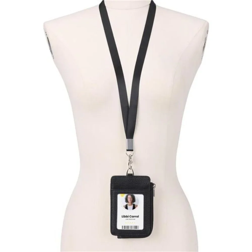 Genuine Leather id Badge Holder with Zipper Pocket,Vertical Lanyard Wallet,id